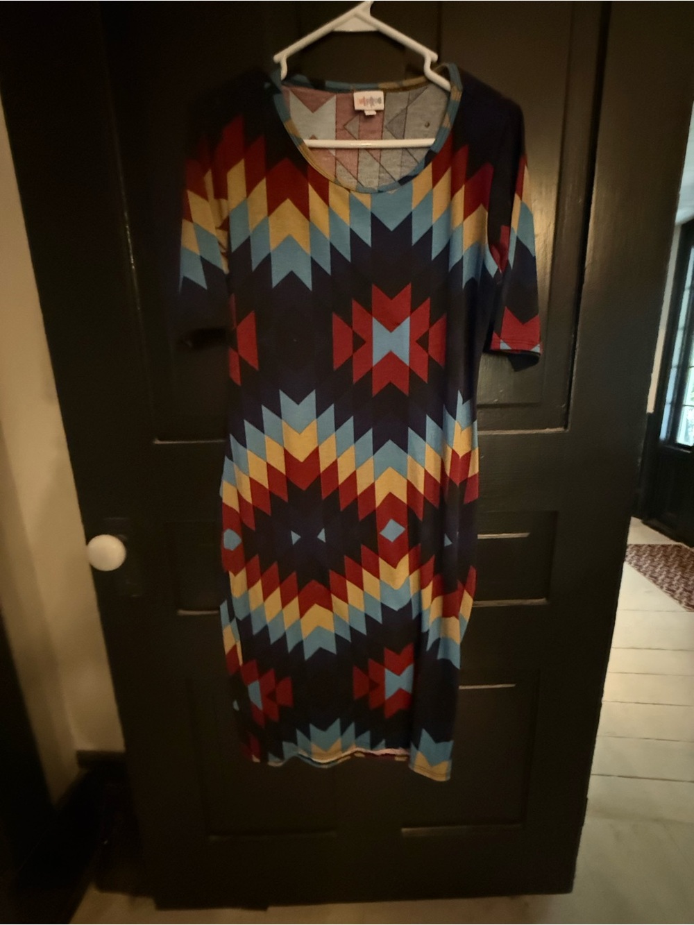 LuLaRoe Navy Geometric Midi Dress with Red, Yellow & Light Blue Pattern